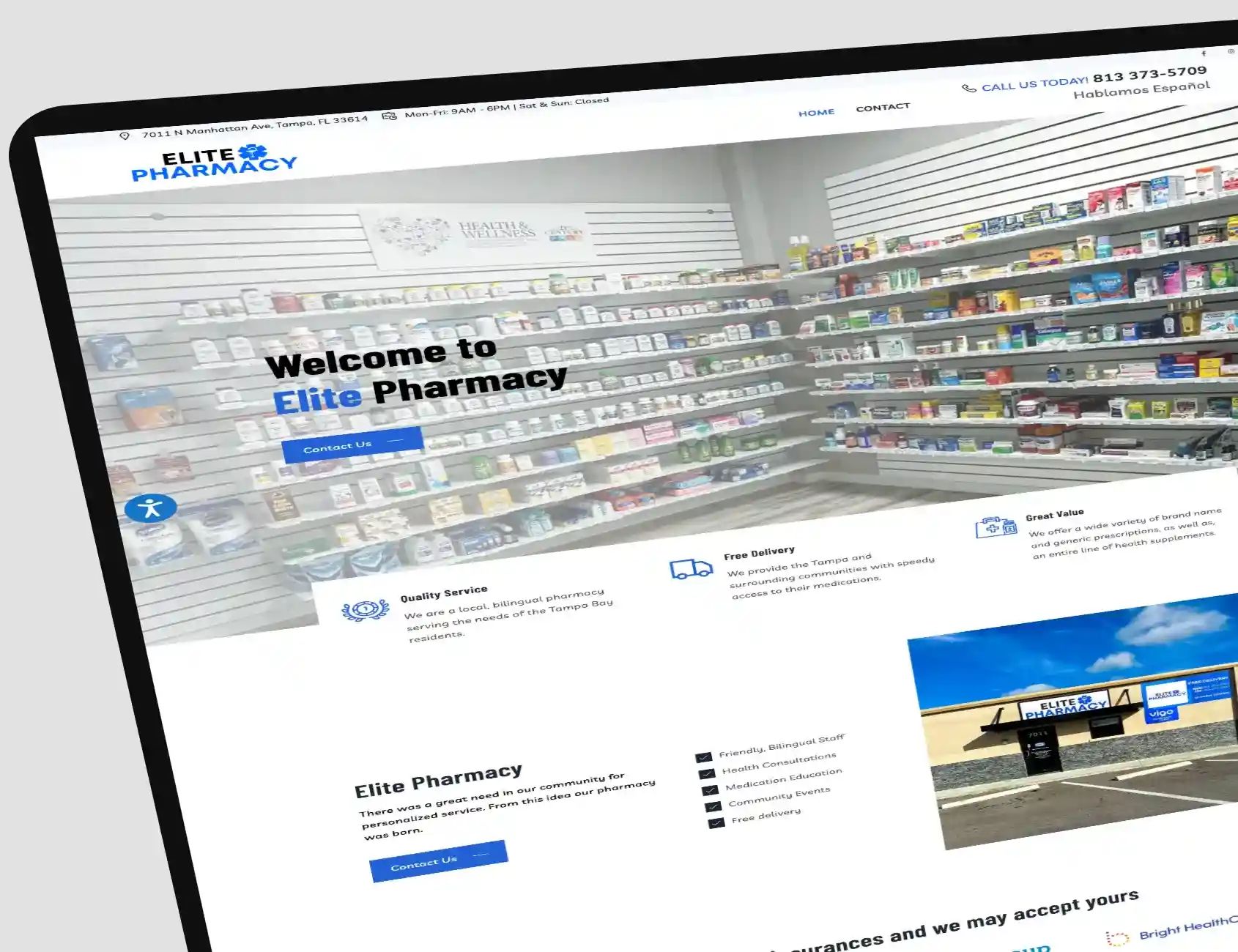 Elite Pharmacy responsive website showcasing healthcare services and product catalog