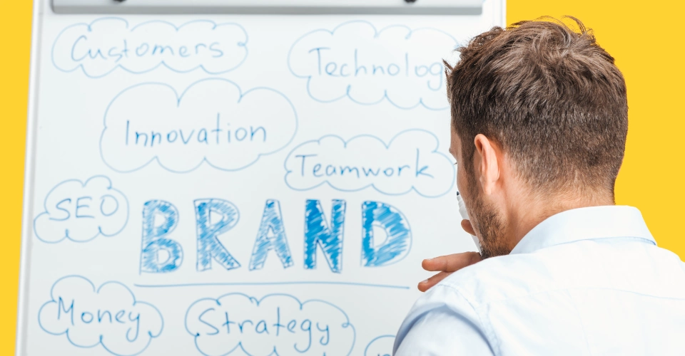 Brand identity development visualization with typography, color systems, and logo design elements
