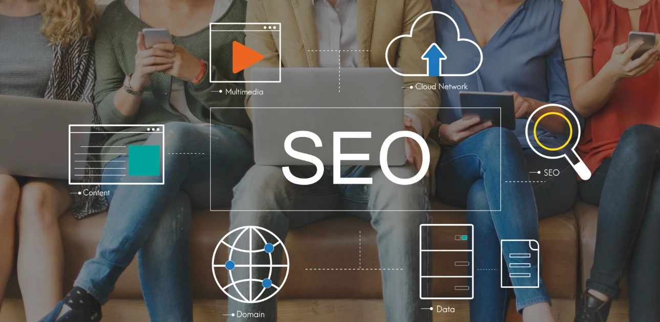 SEO optimization services showing search rankings and analytics dashboard with performance metrics