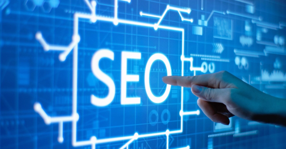 Search engine optimization strategy visualization with keyword targeting and organic traffic growth charts