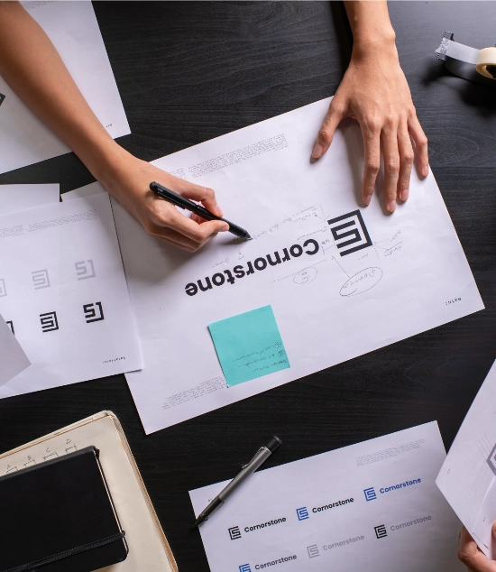 Designer's workspace showing brand identity development process with logo sketches and brand guidelines